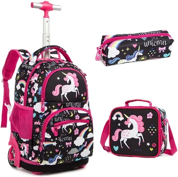 16-дюймовая школьная сумка на колесиках, рюкзак на колесиках, сумка для ланча, набор ручек, школьная сумка с колесами, студенческая школьная тележка, рюкзак для девочки