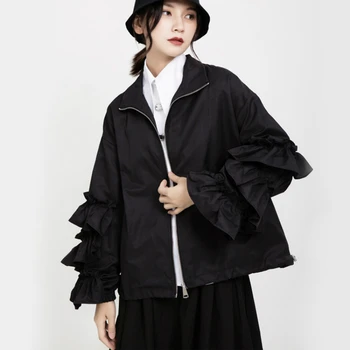 2022 Женская весенняя куртка Свободного кроя, черное пальто Большого размера с пышными рукавами и оборками, Женский базовый топ, верхняя одежда с завязками на подоле