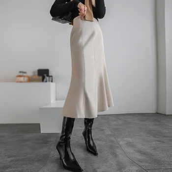 2022 Корейские модные зимние женские юбки высшего качества с высокой талией, женская теплая юбка средней длины
