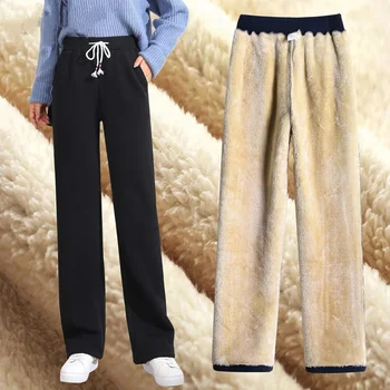 2022 Осень-Зима, Новая корейская мода, Плюс Бархатные утолщенные широкие брюки, женские прямые теплые свободные брюки с высокой талией