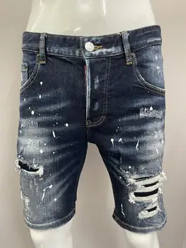2023 Летние Новые Джинсы Мужская мода Slim Fit Заплатка с отверстиями для стирки Краска Черные джинсовые шорты
