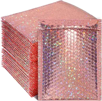 25 Голографический Лазер Розовый Розовое Золото Упаковка Доставка Пузырчатая Почтовая машина Конверты с подкладкой из золотой фольги Подарочный почтовый конверт Пузырчатая сумка