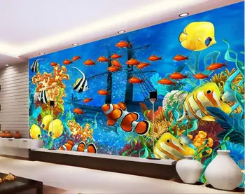 3d обои на заказ фреска нетканая наклейка на стену 3 d Морской мир тонущая лодка Коралловая рыба картина фото 3d настенные фрески обои