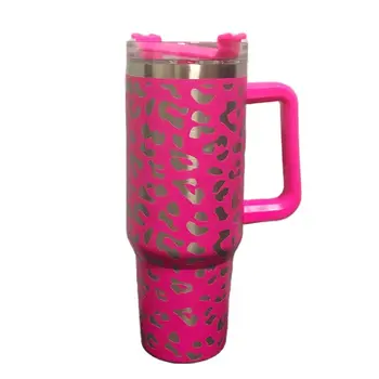 40 унций Розовый леопардовый стакан из нержавеющей стали с крышкой, соломенный стакан с ручкой в виде гепарда, кружка с лазерной гравировкой, пивной стакан Stan-ley