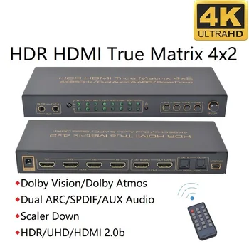 4k HDMI Коммутатор-Разветвитель True Matrix 4 В 2 Выхода 4K @ 60 Гц ARC Scaler Down UHD HDR Двойной Аудиовыход SPDIF AUX 3,5 мм Аудиовыход