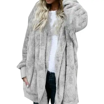 80% Хит ПРОДАЖ!！！！ Зимнее повседневное Женское однотонное пальто с капюшоном из толстого искусственного меха, верхняя одежда с длинным рукавом