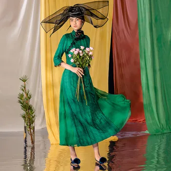 A Life On The Left Женский Улучшенный Чонсам с коротким рукавом и китайской Пряжкой, Кружевное Жаккардовое платье, Винтажная Зеленая Длинная юбка