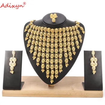 Adixyn Золотого цвета Медь для женщин Ожерелье Серьги Кольцо Ювелирные наборы Африканский Дубай Свадебные аксессуары