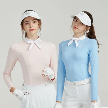 Blktee, осенние женские ветрозащитные тренировочные топы, тонкая футболка для гольфа с длинным рукавом, Женская рубашка для гольфа с бантом, модная одежда
