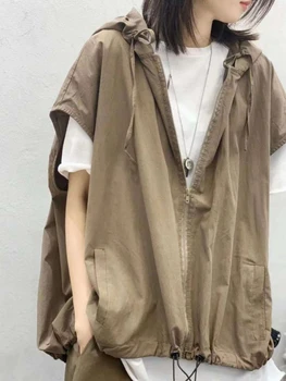 Deeptown Harajuku Кардиган с капюшоном без рукавов, Женский винтажный жилет-карго в стиле хип-хоп на молнии, повседневные тонкие куртки в японском стиле