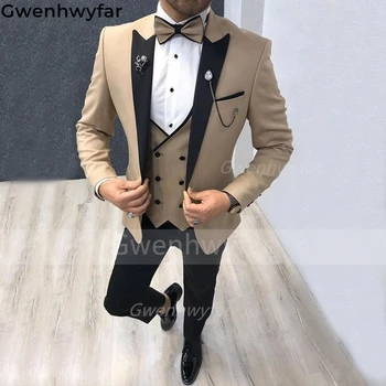 Gwenhwyfar, Комплект из 3 предметов, Приталенные Классические Мужские Костюмы для Свадьбы, Смокинг для Жениха, Двубортный Жилет, Мужская Модная Куртка, Брюки