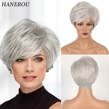 HANEROU Серебристо-Белый Короткий Прямой Парик Синтетический Пушистый Женский Парик из натуральных волос для ежедневной вечеринки