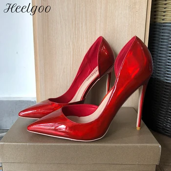 Heelgoo/Глянцевые Красные Женские Свадебные туфли D'Orsay на высоком Каблуке с острым носком; Великолепные туфли-лодочки на шпильке без застежки; Большие Размеры 33, 43, 44, 45