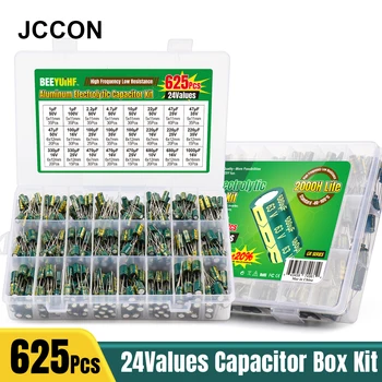 JCCON 625Pcs 24 values Алюминиевый Электролитический Конденсатор Комплект 10V-100V 1F-1000uF Конденсаторы Коробка Ассортимент Комплект