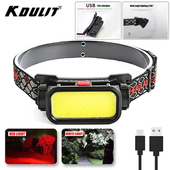 KDULIT Портативный мощный налобный фонарь LED COB с красным светом, USB Перезаряжаемая фара, встроенный аккумулятор, водонепроницаемые налобные фонари