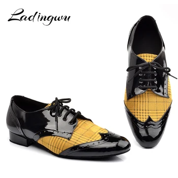 Ladingwu/Мужские Танцевальные туфли на низком каблуке, Обувь для Латиноамериканских Танцев, Мужская Обувь для Сальсы, Танго, Бальных Танцев, Обувь из искусственной кожи и Фланели, Желто-Синяя Решетка