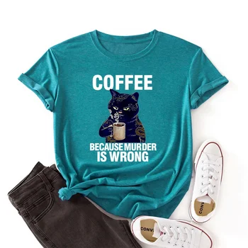 LingMeng Повседневная женская футболка креативного кофейного, черно-белого цвета с принтом кота, с короткими рукавами, свободная, с круглым вырезом, забавный причудливый женский топ