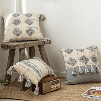 LISM Чехол для подушки в марокканском стиле с кисточками Ручной работы, Нейтральный Декоративный Чехол для дивана-кровати, серый, цвета слоновой кости, Diamo
