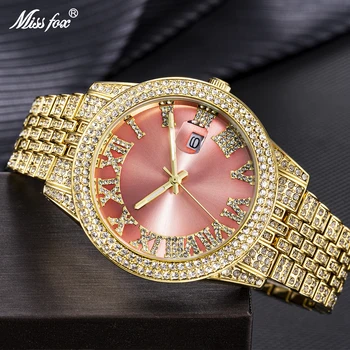 Missfox Розовые часы Для Женщин, Элегантные Роскошные золотые наручные часы, Ювелирные изделия для вечеринок, Кварцевые часы Со льдом и бриллиантами, Женские Relógio Masculino
