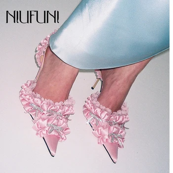NIUFUNI, Женские босоножки на высоком каблуке-шпильке, однотонные шелковые женские свадебные туфли с эластичным поясом