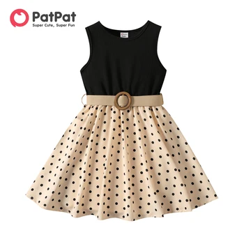 PatPat/ платья для девочек из 2 предметов, детская одежда, платье без рукавов и пояс в рубчик для девочек в горошек