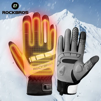 ROCKBROS Теплые Велосипедные Женские мужские перчатки Зимние SBR с сенсорным экраном, перчатки с USB подогревом, Ветрозащитные, дышащие, моторные перчатки для электровелосипедов