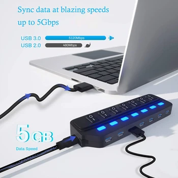 RYRA 7-портовый USB-концентратор 3.0, разветвитель, скорость передачи данных 5 Гбит/с, подходит для ноутбука, оснащенного независимым выключателем и подсветкой
