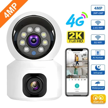 SIM-карта 4G Камера Внутренняя Мини-IP-камера с двумя Объективами 2K 4MP WIFI Беспроводная Безопасность Ночного Видения Camara Видеонаблюдение V380 Pro