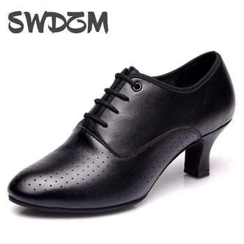 SWDZM/ Женские танцевальные туфли из натуральной кожи на замшевой/резиновой подошве для танцев Танго, Женские туфли на среднем каблуке для танцев с закрытым носком, танцевальная обувь