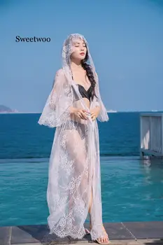 SWEETWOO/ Летние кружевные пляжные купальники-накидки, прозрачный длинный кардиган с капюшоном и расклешенными рукавами, кимоно, сексуальное горячее бикини, наружное покрытие