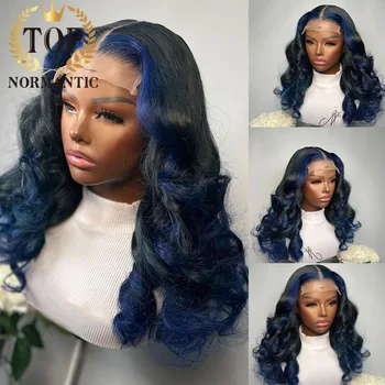 Topnormantic Highlight Темно-синий парик на кружеве 13x4 со средней частью, бразильский парик с закрытием 4x4 для женщин, прозрачный
