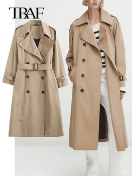 TRAF 2023 Женская однотонная ветровка с длинным рукавом, Модное элегантное однобортное пальто с карманами