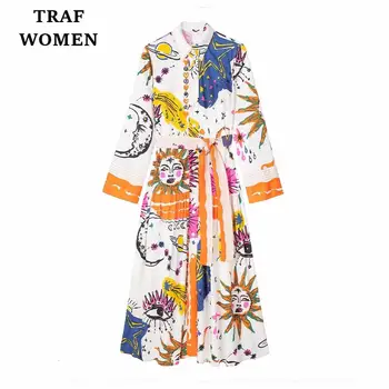 TRAF WOMEN 2023 Модный Новый Стиль С украшением в виде пояса, Платье в стиле рубашки с принтом, Темперамент, Элегантное женское Шикарное платье