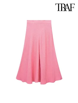 TRAF Женская модная длинная твидовая юбка Винтажные женские юбки с высокой талией и боковой молнией Mujer