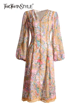 TWOTWINSTYLE/ Платья с вышивкой в стиле пэчворк Для женщин, V-образный вырез, рукав-фонарь, Платье Трапециевидной формы с высокой талией, Женская Модная одежда