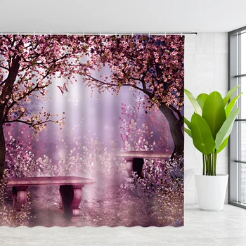 Азиатская Занавеска для душа в виде вишни и Сливы, Японские Плакучие цветыакура, Розовый Цветочный Акварельный пейзаж, Тканевые Занавески для ванной