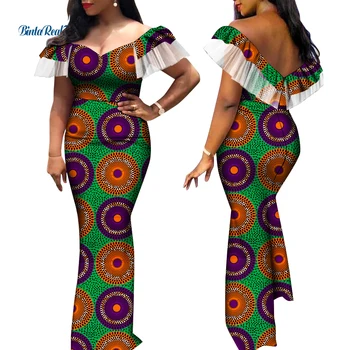 Африканские платья для женщин, Длинные платья с принтом, Vestidos Bazin Riche, Африканское вечернее платье с V-образным вырезом, Бодикон, Анкара, Женские платья, WY687