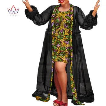Африканские платья из бинтаревого воска из 2 частей для женщин Дашики, Черное Газовое пальто и платье с Подшитым Краем, Традиционная африканская одежда WY674
