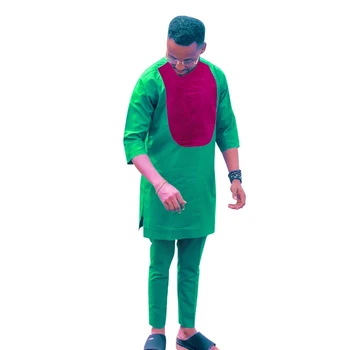 Африканский Традиционный стиль, Травянисто-зеленые Мужские топы с брюками, Нигерийская мода, рукава три четверти, комплекты для жениха, мужской праздничный костюм