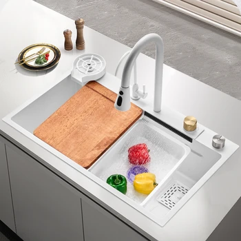 Белая Кухонная Раковина с Водопадом, Раковина для мытья овощей из нержавеющей стали, Раковина для мытья посуды ручной работы, Большая однослойная