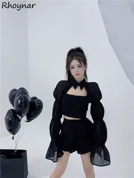 Блузки Женские Весенне-черные, милые для школьниц, модные, лидер продаж, праздничные блузки в Корейском стиле, женские однотонные Элегантные Клубные