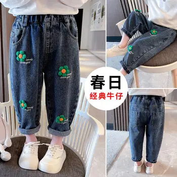Брюки для девочек Весна-осень 2023, новые весенние модные детские брюки для маленьких девочек, весенние джинсы