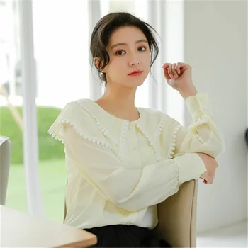 Весенняя Новая шифоновая рубашка Для женщин С Длинными рукавами, Милая Корейская Японская блузка с воротником 