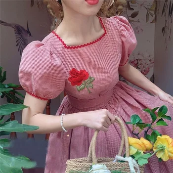 Викторианское Винтажное женское платье в клетку с пышными рукавами, летнее праздничное платье для ужина, Элегантный галстук-бабочка, Роза, Лолита, Кавайные халаты для девочек