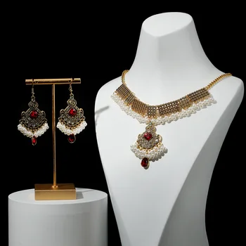 Винтажные универсальные серьги с рубиновым жемчугом, ожерелье, женский роскошный ювелирный набор, женский