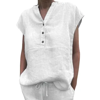 Винтажные хлопчатобумажные льняные рубашки для женщин 2023, летние повседневные модные рубашки и блузки на пуговицах с V-образным вырезом и коротким рукавом, топы оверсайз