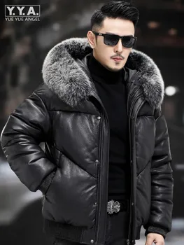 Высококачественная Мужская зимняя куртка-бомбер из натуральной козьей кожи с воротником из лисьего меха, пуховик с капюшоном, толстое теплое Свободное рабочее пальто