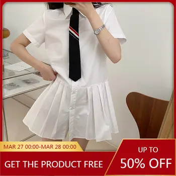 Высококачественное плиссированное платье в корейском стиле, Женская летняя новинка 2023, Маленькая белая рубашка с коротким рукавом в стиле колледжа, Платье трапециевидной формы