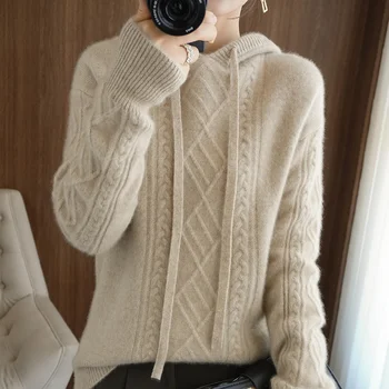 Горячая распродажа 2023, новый стиль, 100% кашемировая шерсть, женский свитер с капюшоном, свободный высококачественный вязаный пуловер с длинными рукавами, зимний