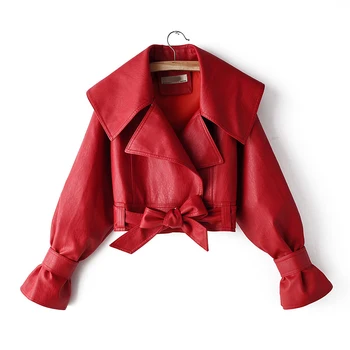 Демисезонная Куртка из Искусственной кожи, Женское Шикарное короткое пальто с лацканами, рукав-фонарик, Бежевые, Красные, Черные Мотоциклетные куртки, пальто с бантом